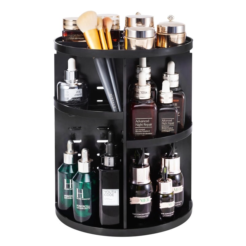 seinlife 360 Rotating Makeup OrganizerDIY Adjustable Spinning HolderFoldable Cosmetic Storage Display boxLarge Capacity Make up Caddy ShelfFits Countertop Vanity and Bathroom BLACK